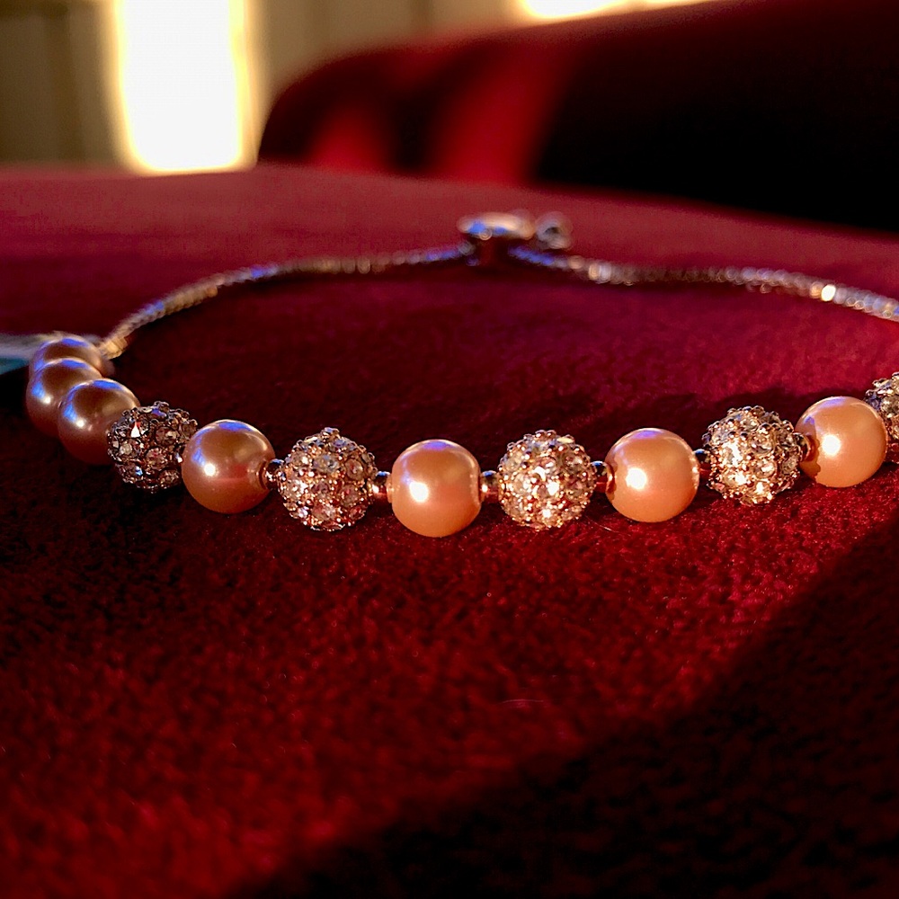 💖Pink Gold-Tone Pearl & Pavé Bead Adjustable Bracelet